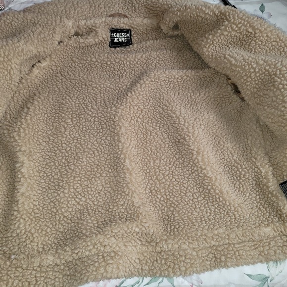 Guess Women's Tan Sherpa Jacket Faux fur lined Zipper Front Size Medium - Picture 15 of 16